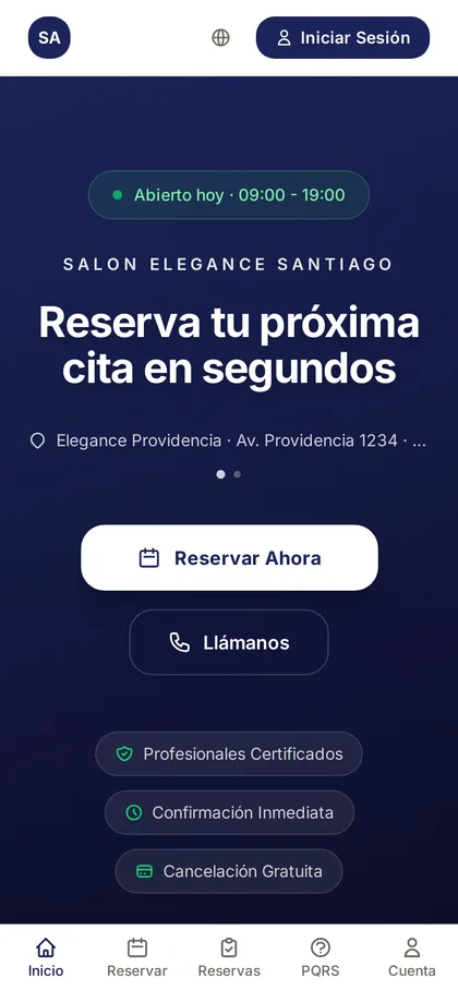 La página de reservas de un salón vista en un teléfono, con su marca y el botón de reservar