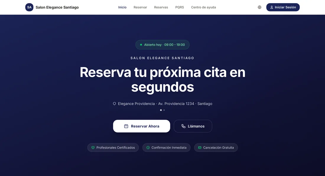 La página pública de un salón de belleza hecha con NeoBell, con el botón de reservar y los distintivos de confirmación inmediata y cancelación gratuita